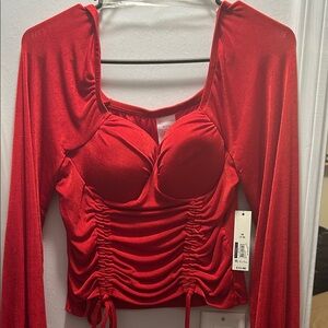 No Boundaries Red Ruched Long Sleeve Blouse